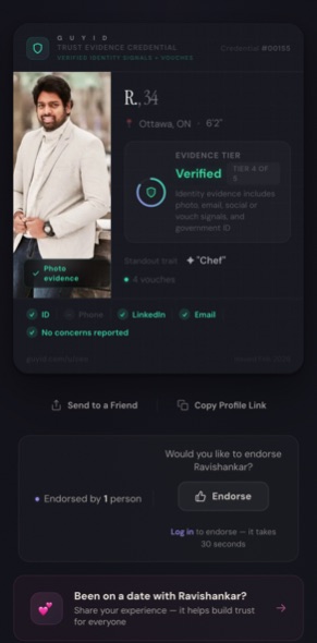 The founder's real GuyID trust profile as it appears live: Trust Evidence Credential #00155, Verified tier 4 of 5, 4 vouches, with ID, LinkedIn, and email checks shown