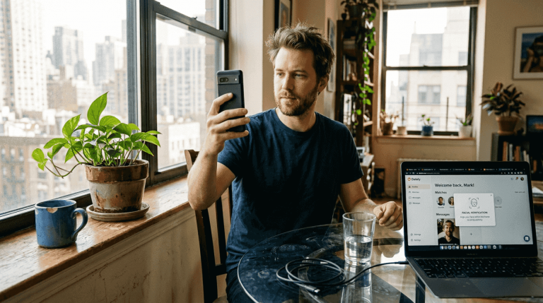 Man using phone for facial ID verification
