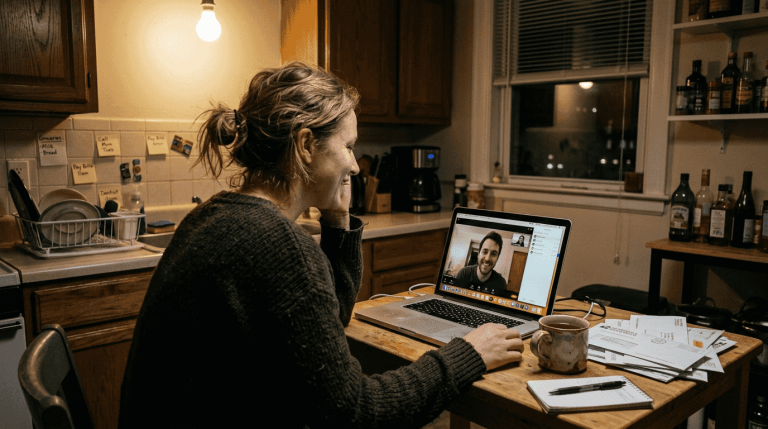 Woman video chatting on laptop in kitchen