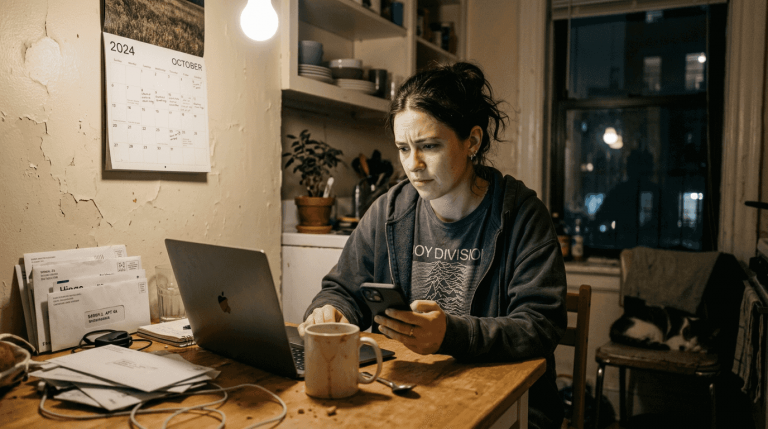 Woman scrutinizing online dating profiles