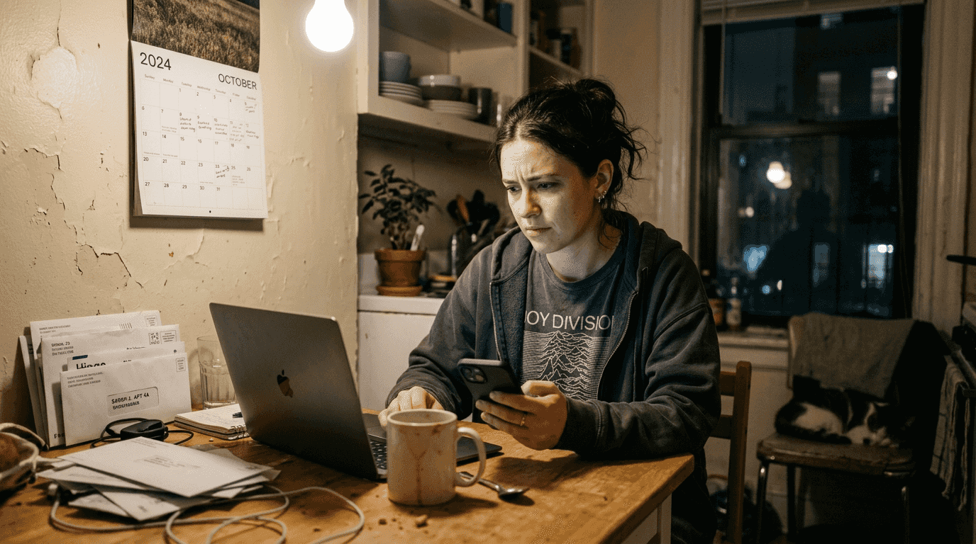 Woman scrutinizing online dating profiles