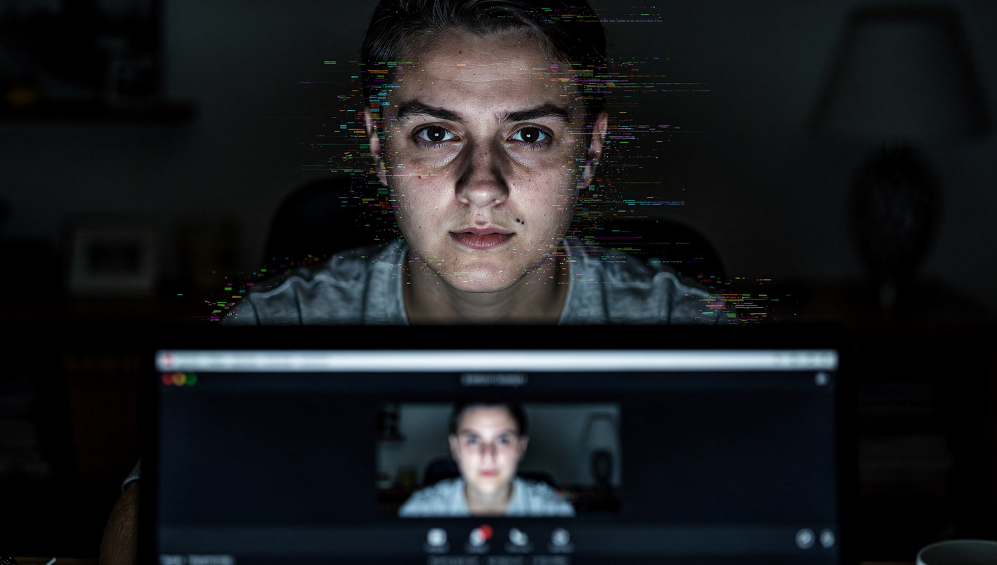 person on video call with digital glitch artifacts around face suggesting deepfake manipulation