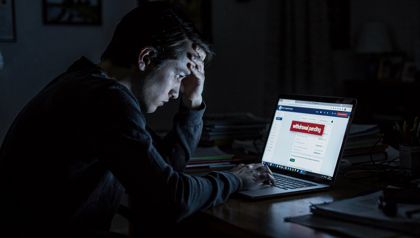 person stressed looking at withdrawal pending screen on laptop