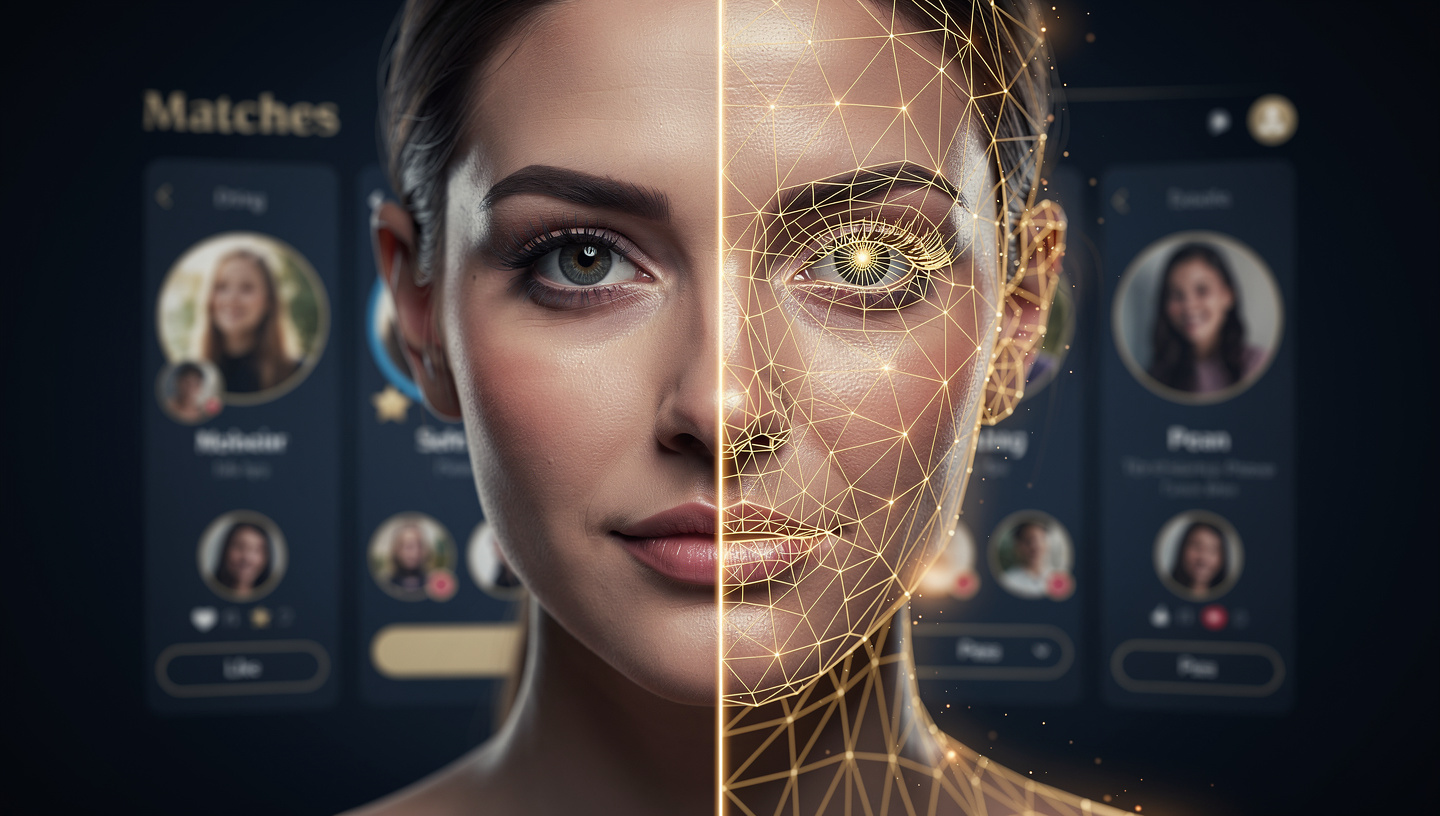 realistic human face morphing into AI-generated digital wireframe with dating app matches screen in background