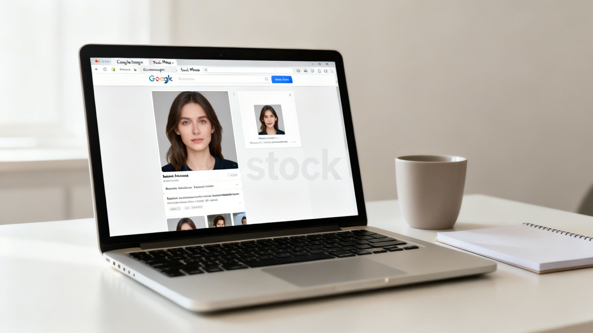 A laptop on a desk displaying Google image search results for a woman's face, with a mug and notebook.