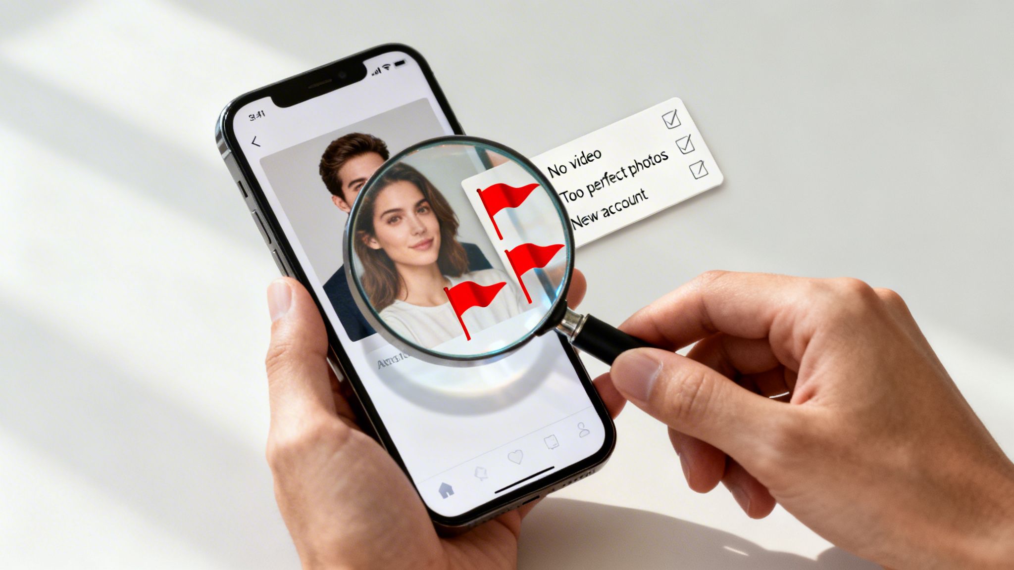 Person examines a dating app profile on a smartphone with a magnifying glass, showing red flags and a checklist.