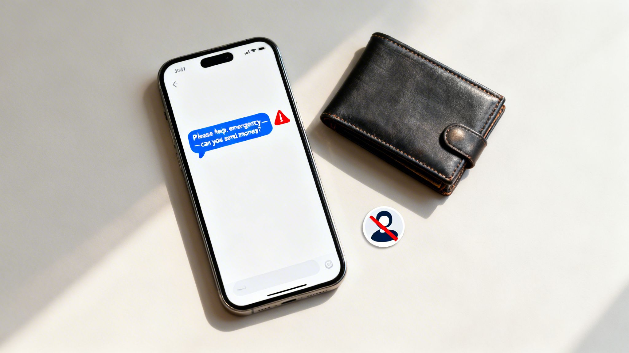 A smartphone displays a scam text message asking for money, next to a wallet and a blocked user icon.