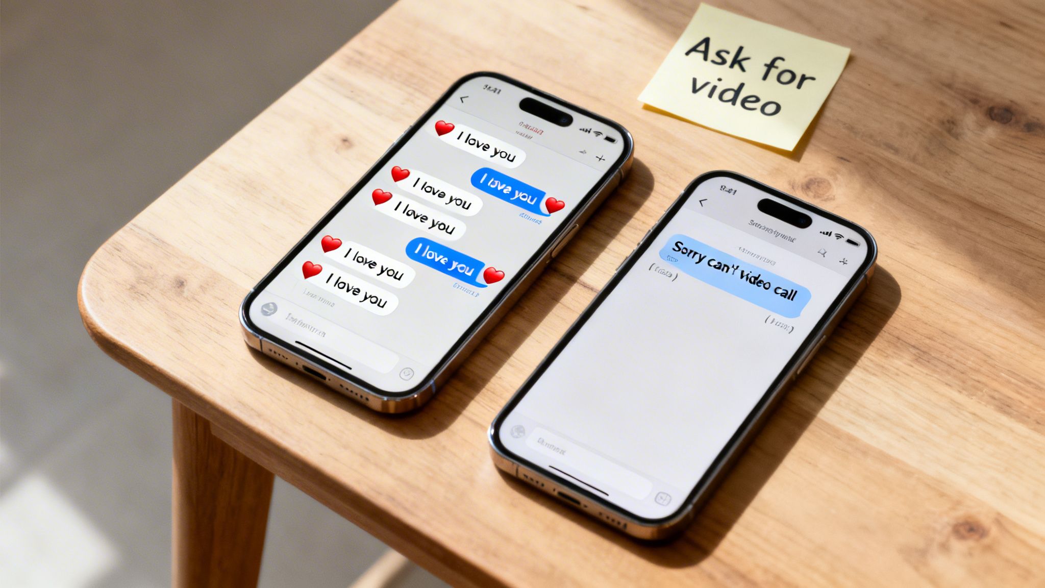 Smartphones showing texts, one declining video call, with a sticky note 'Ask for video'.