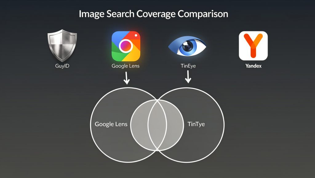 Four search engine icons including a GuyID shield Google lens TinEye eye and Yan