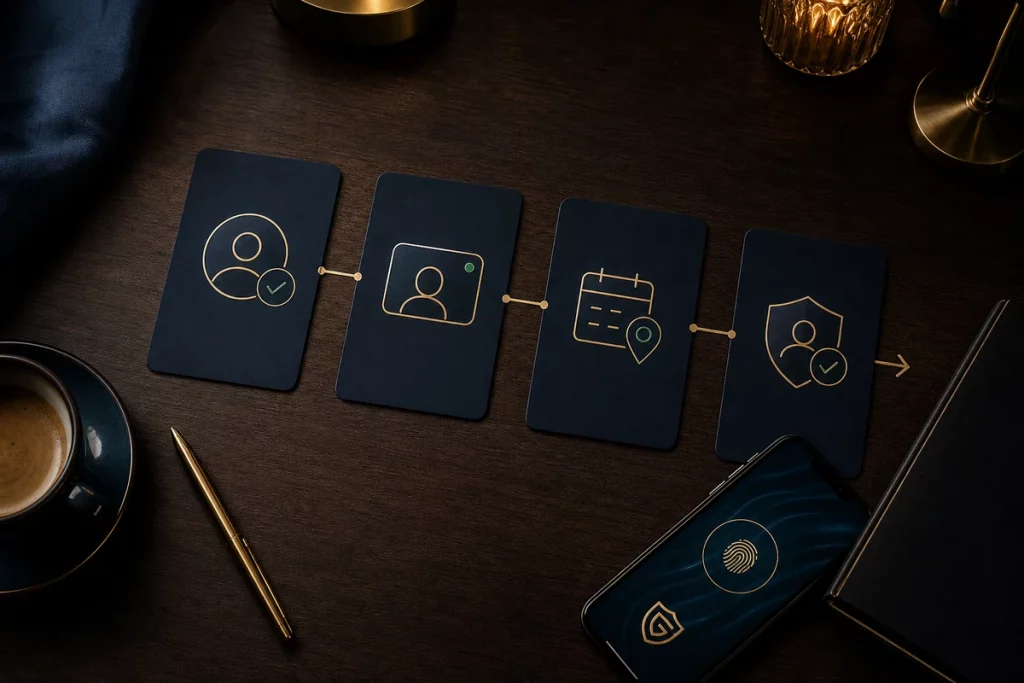 Overhead editorial still life showing profile, video-call, public-date, and trust-profile cards connected as a pre-date verification workflow.