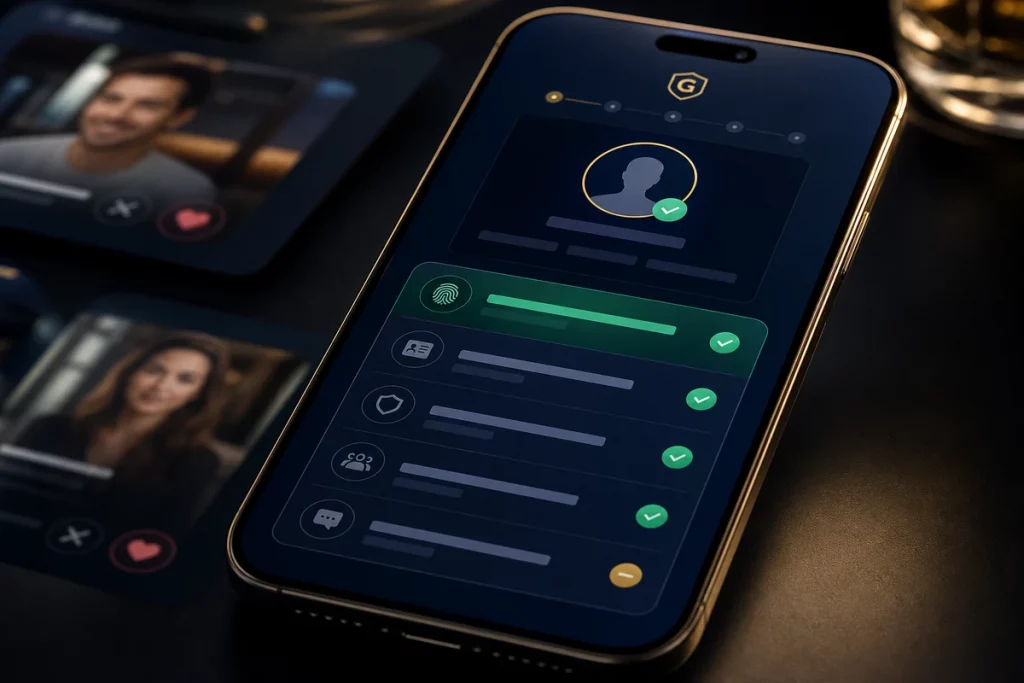 Premium mobile trust interface showing abstract verification layers beside blurred dating-profile cards.