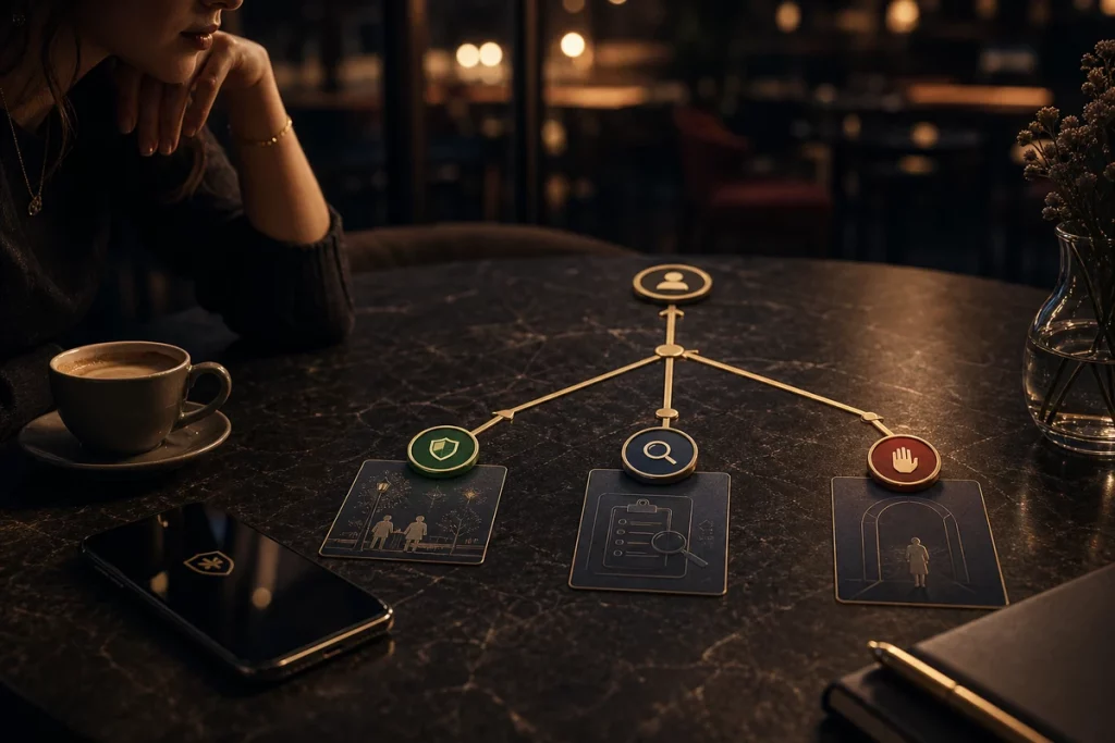 Cafe-table decision path showing when to proceed publicly, verify more, or pause before meeting someone from online dating.
