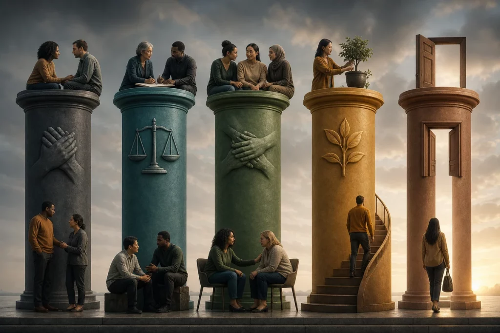 Can a toxic relationship become healthy — five essential conditions displayed as pillars that must all be present for recovery to be possible mutual acknowledgment individual accountability professional help sustained change and willingness to leave