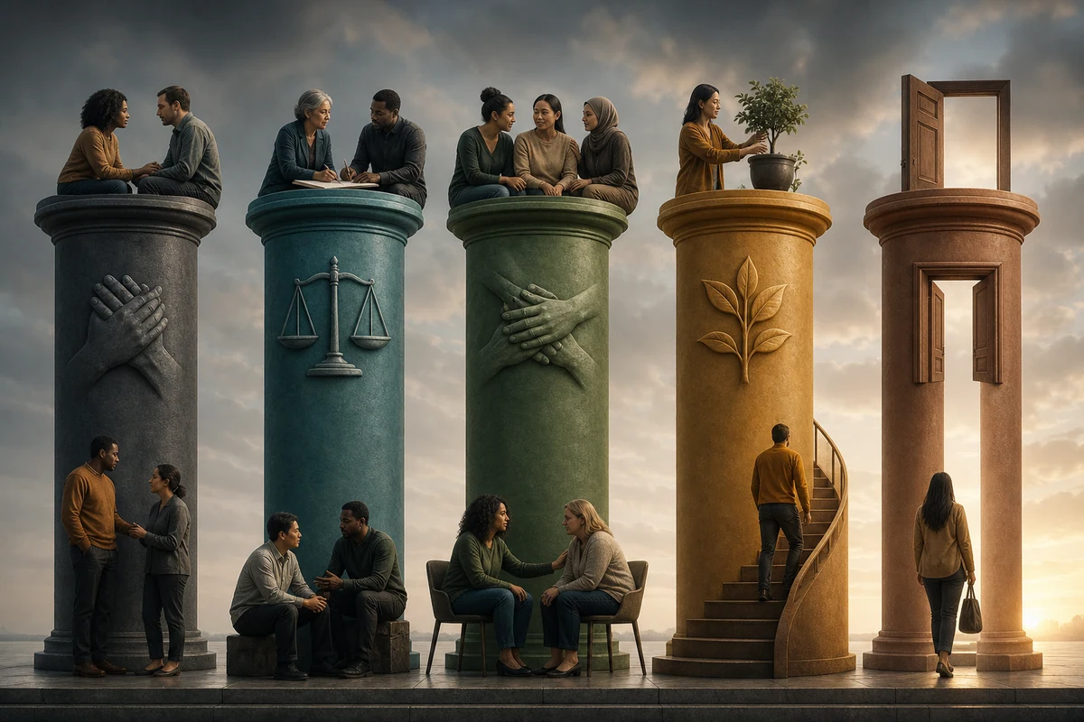Can a toxic relationship become healthy — five essential conditions displayed as pillars that must all be present for recovery to be possible mutual acknowledgment individual accountability professional help sustained change and willingness to leave