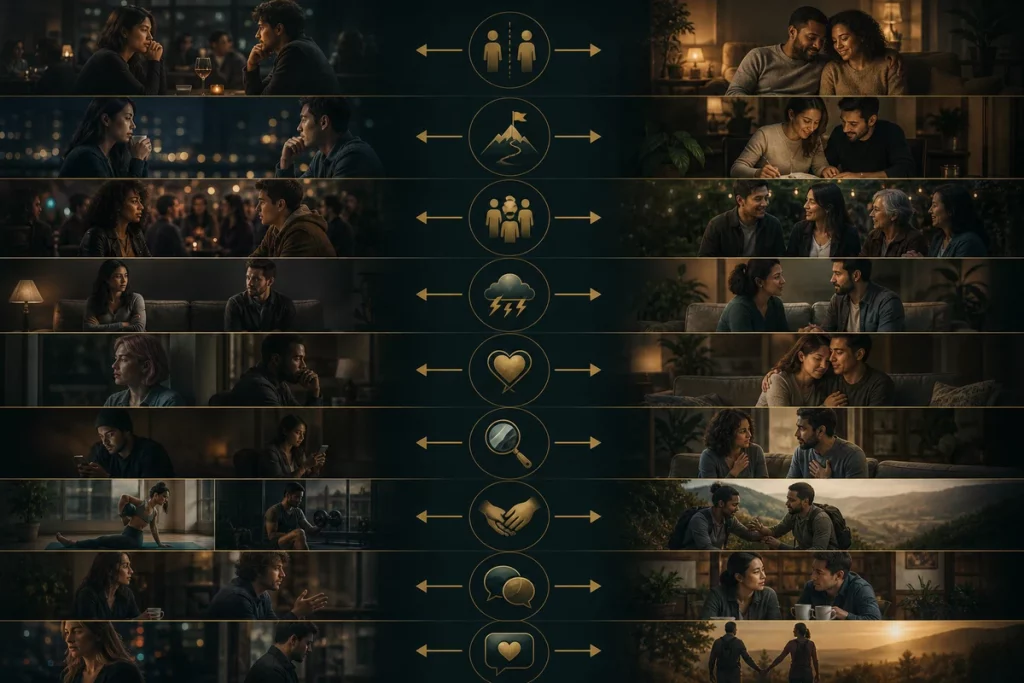 Committed relationship vs dating nine differences — side-by-side comparison chart showing dating characteristics on the left and committed relationship characteristics on the right across nine dimensions