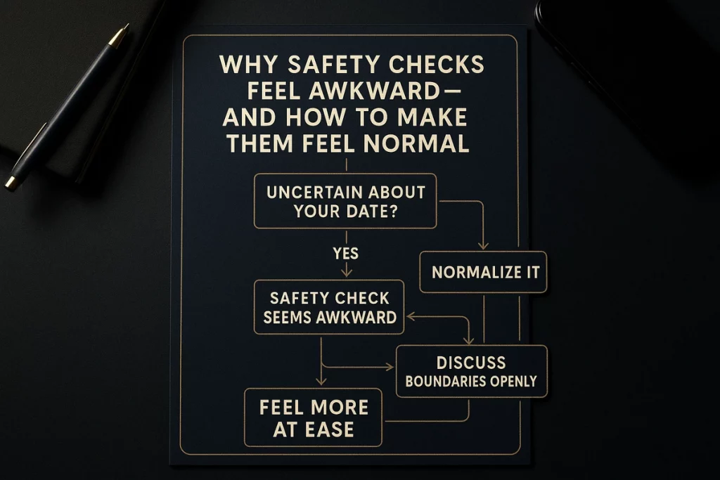 Editorial process still life for First Date Safety Check Without Killing the Chemistry Guide, designed as a premium GuyID visual explaining First Date Safety Check Without Killing the Chemistry.