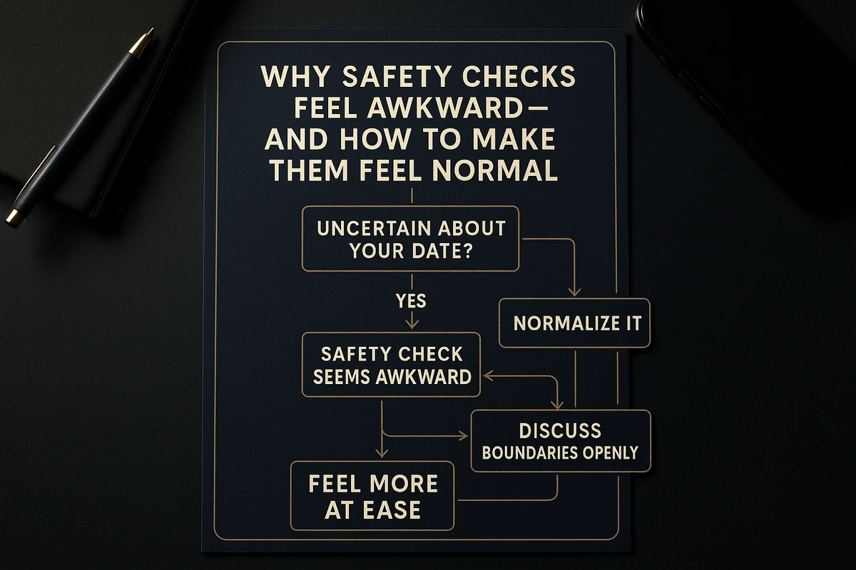 Editorial process still life for First Date Safety Check Without Killing the Chemistry Guide, designed as a premium GuyID visual explaining First Date Safety Check Without Killing the Chemistry.