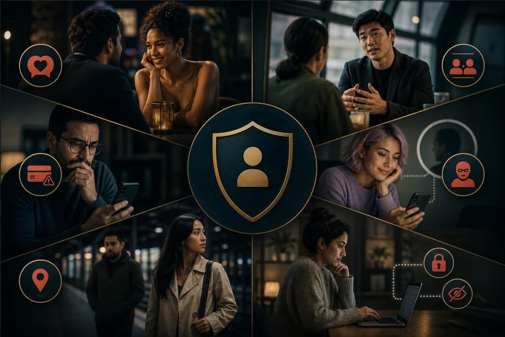 Is Bumble BFF safe — risk assessment showing six categories romantic solicitation MLM recruitment financial scams catfishing physical safety and data privacy with likelihood indicators