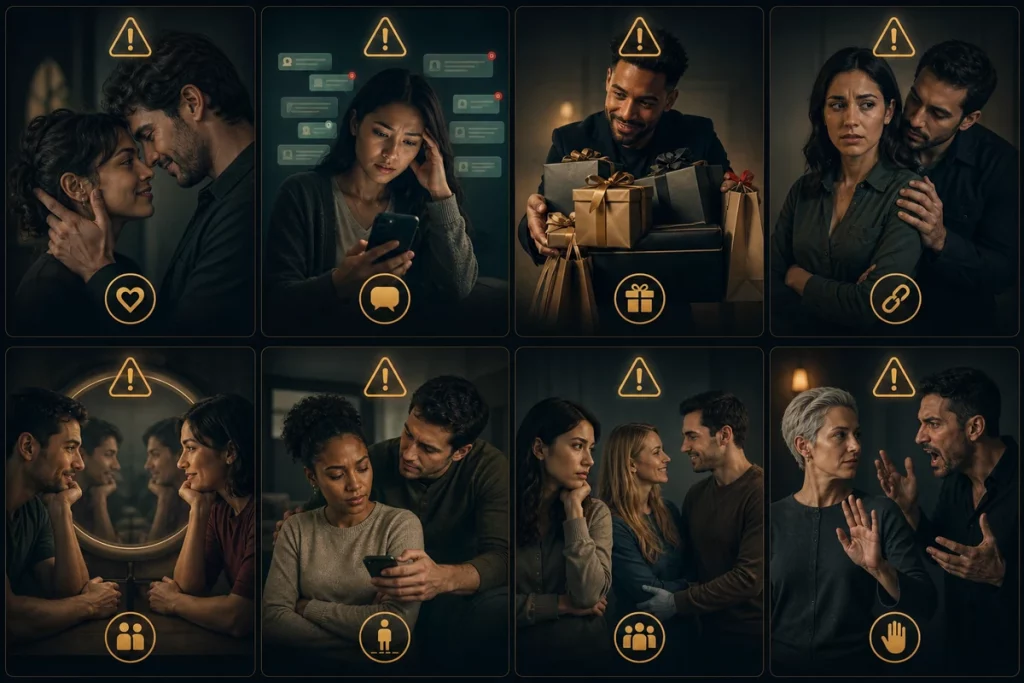 Love bombing in friendship eight signs — visual checklist showing intensity escalation possessiveness mirroring gift-giving boundary pushing jealousy triangulation and identity merger