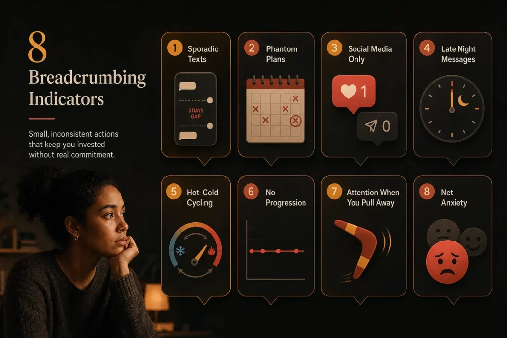 Narcissism breadcrumbing eight signs — visual checklist showing intermittent texting vague plans social media only engagement late night messages cancelled dates hot-cold patterns no progression and they increase attention when you pull away
