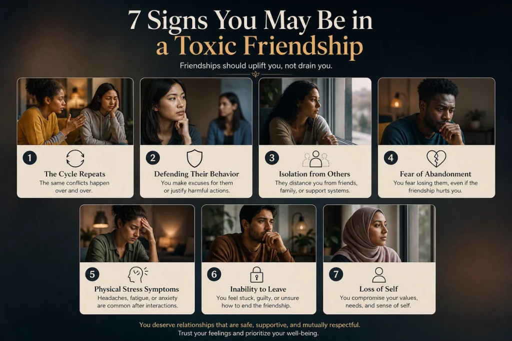Trauma bonding friendship nine signs — visual checklist showing hot-cold cycling walking on eggshells defending the friend to others emotional exhaustion isolation from other friends self-blame identity loss euphoric relief after conflict and inability to leave
