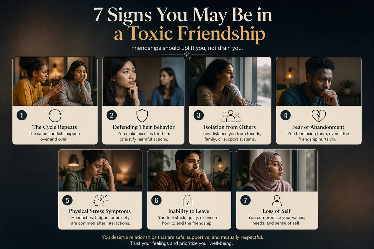 Trauma bonding friendship nine signs — visual checklist showing hot-cold cycling walking on eggshells defending the friend to others emotional exhaustion isolation from other friends self-blame identity loss euphoric relief after conflict and inability to leave