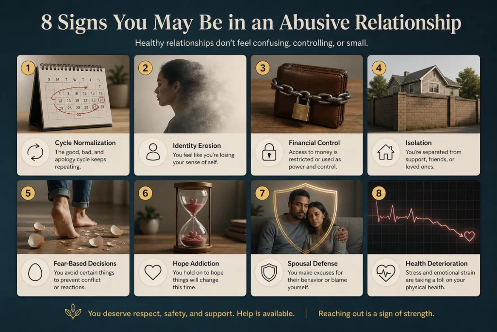 Trauma bonding marriage eight signs — visual assessment showing cycle normalization identity erosion financial control isolation fear-based compliance hope addiction defending the spouse and physical symptoms of chronic stress