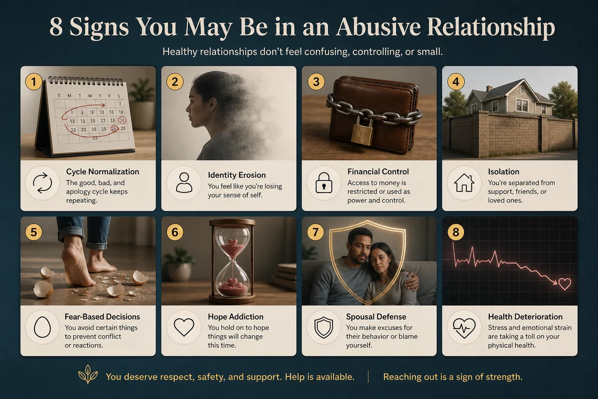 Trauma bonding marriage eight signs — visual assessment showing cycle normalization identity erosion financial control isolation fear-based compliance hope addiction defending the spouse and physical symptoms of chronic stress