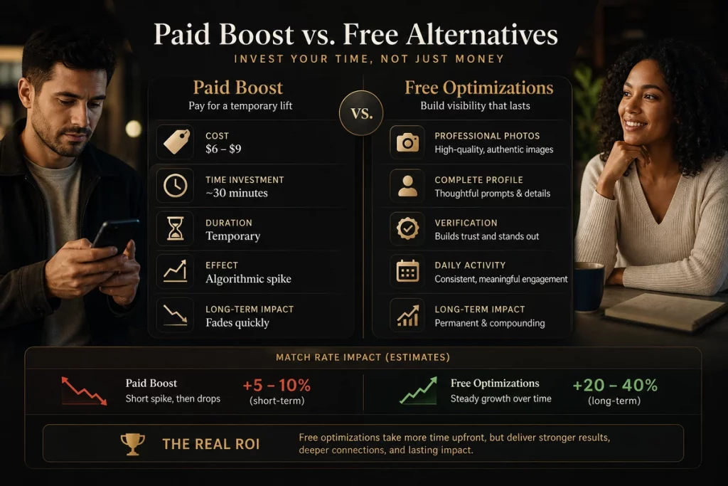 Boost bumble cost versus free alternatives — comparison showing paid boost temporary effects on the left versus free permanent optimization strategies on the right with match rate impact estimates
