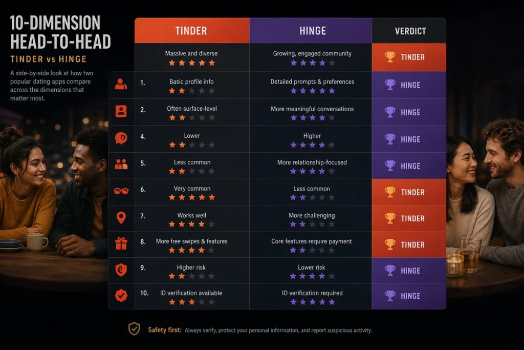 Tinder vs hinge reddit head-to-head comparison — split screen showing feature comparison across ten dimensions including user base profile depth conversation quality match rate safety features and cost