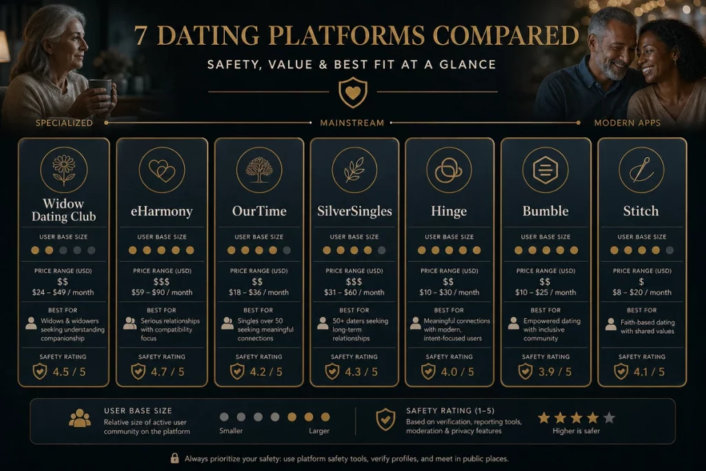 Widow dating websites top seven — comparison cards showing platform name user base size features pricing safety rating and best-for description for each recommended site