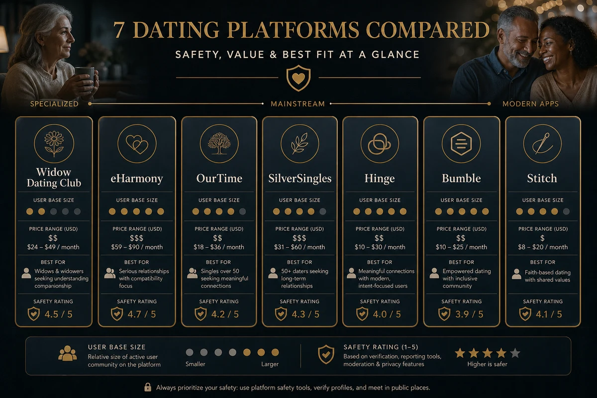 Widow dating websites top seven — comparison cards showing platform name user base size features pricing safety rating and best-for description for each recommended site