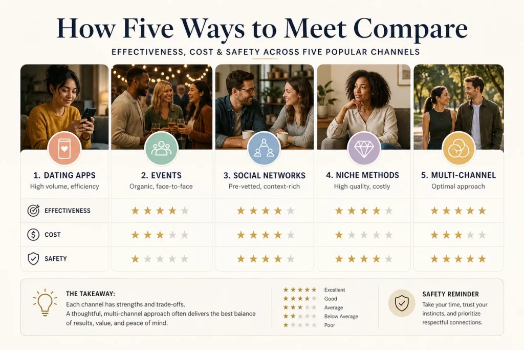 Searching for singles — five channels compared showing dating apps events social networks niche methods and matchmaking with effectiveness ratings cost and safety considerations for each