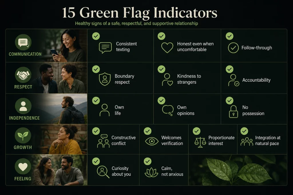 Green flags in dating fifteen positive signs — organized into four categories communication consistency respect and growth with specific behavioral indicators for each