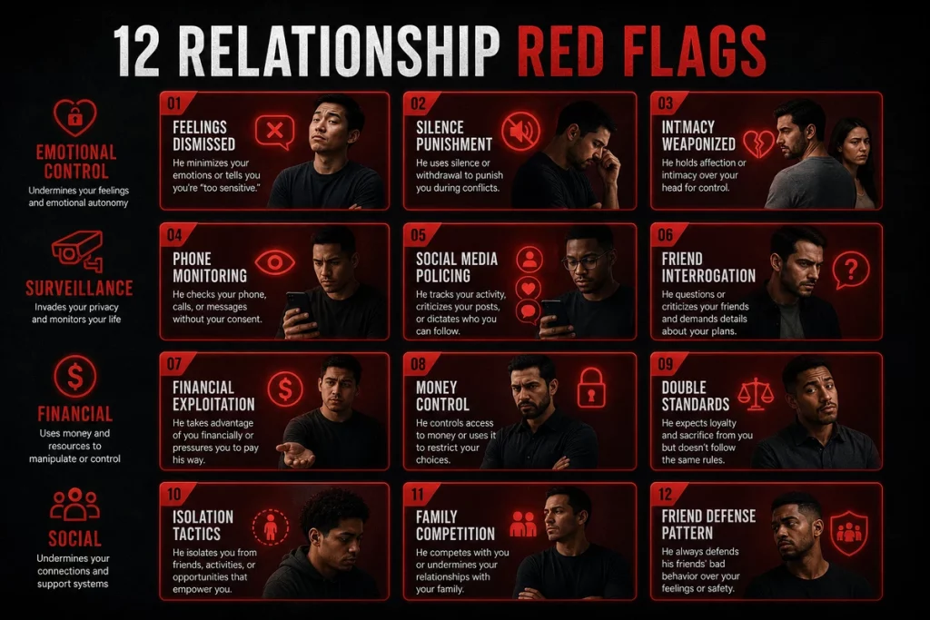 Red flags in a relationship for guys twelve warning signs — organized into emotional control financial manipulation social isolation physical boundary violations and double standards