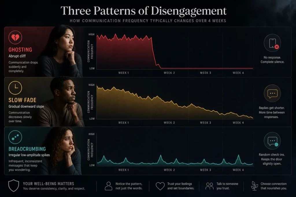 Ghosting meaning — comparison chart showing ghosting versus slow fade versus breadcrumbing with visual timeline indicators showing how each pattern looks over a four-week period