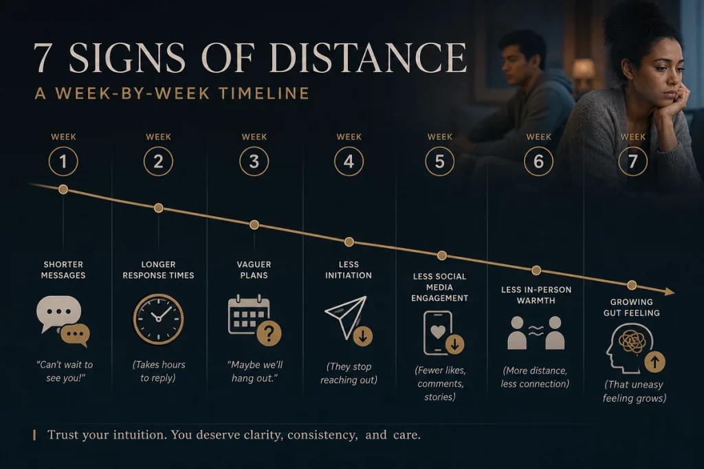 Slow fade meaning seven signs — visual timeline showing declining message length declining response speed declining plan specificity declining enthusiasm declining initiative declining depth and declining availability over a six-week period