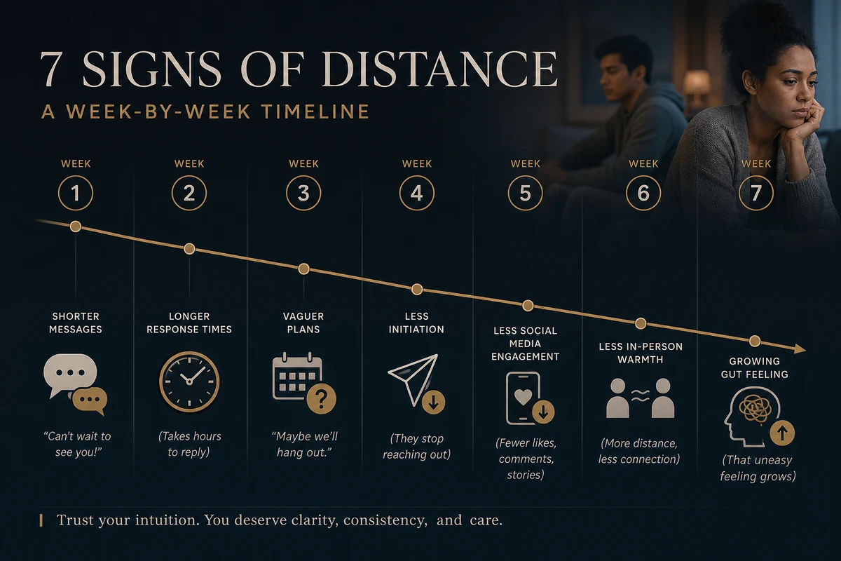 Slow fade meaning seven signs — visual timeline showing declining message length declining response speed declining plan specificity declining enthusiasm declining initiative declining depth and declining availability over a six-week period