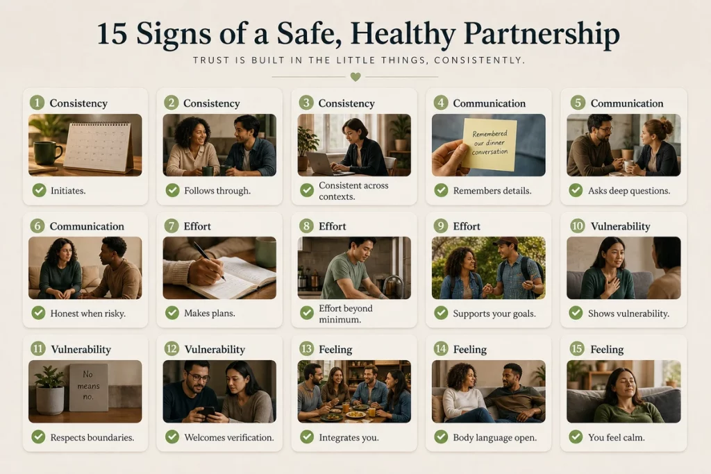 Signs a guy genuinely likes you fifteen behavioral indicators — organized into consistency communication effort vulnerability and integration categories with specific observable actions listed