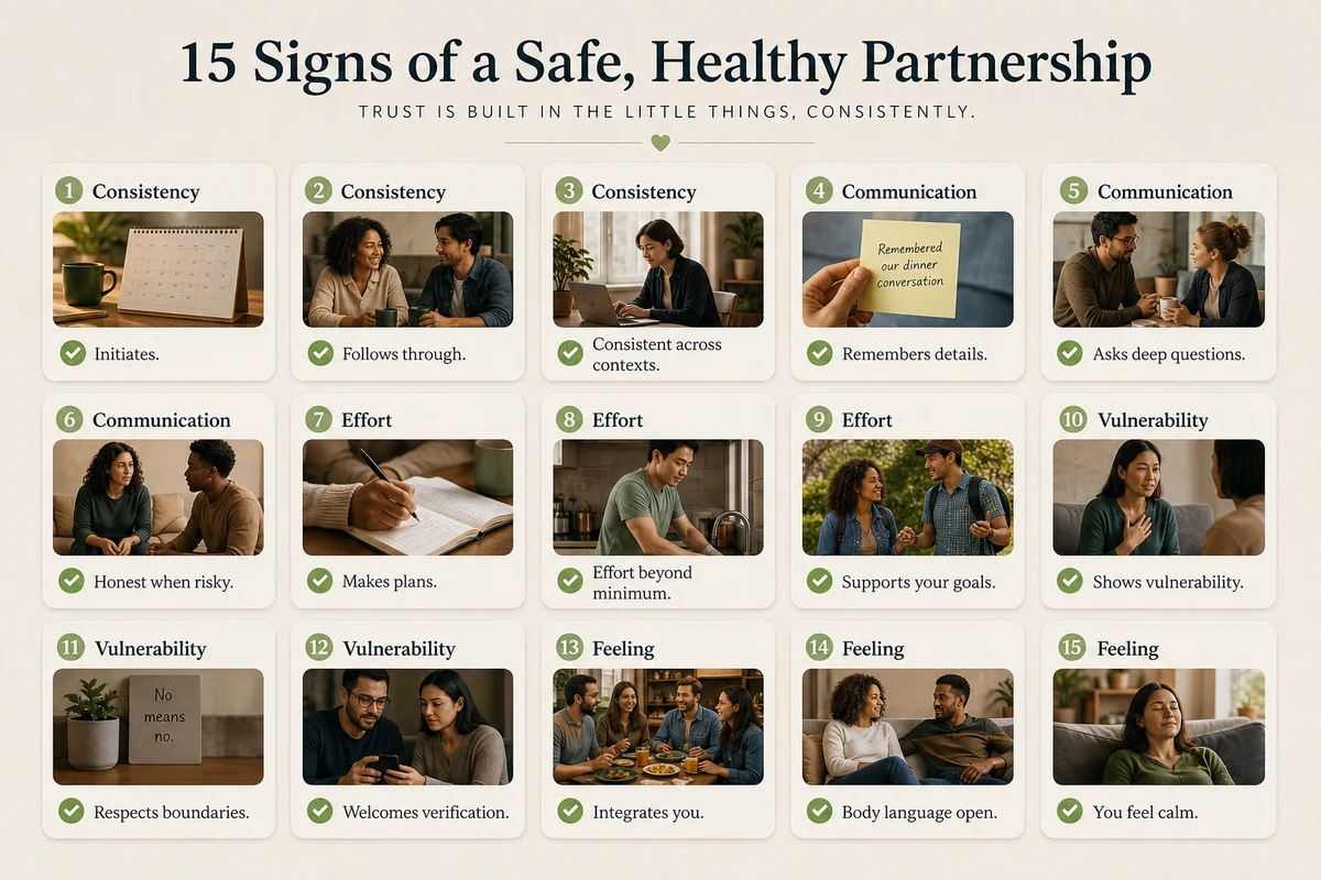 Signs a guy genuinely likes you fifteen behavioral indicators — organized into consistency communication effort vulnerability and integration categories with specific observable actions listed