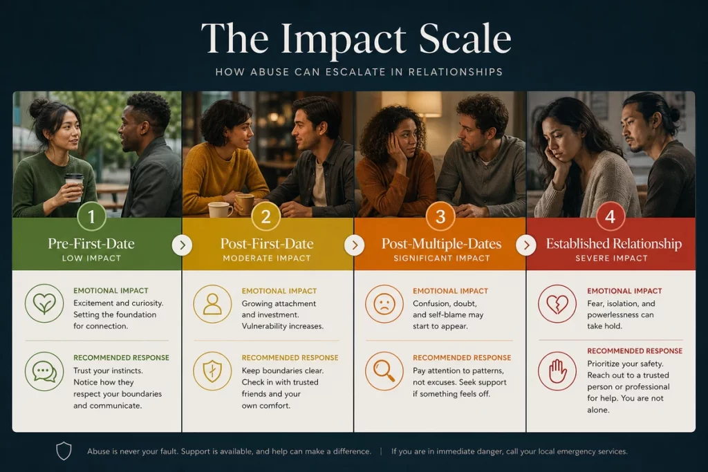 Ghosting and dating — four stages of ghosting impact from pre-first-date minimal impact through post-date moderate impact to post-multiple-dates significant impact to established-relationship severe impact