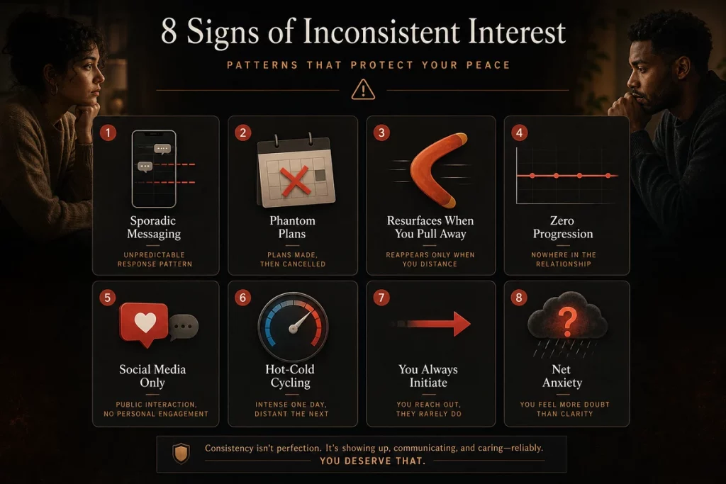 Breadcrumbing dating eight signs — visual indicators showing sporadic messaging phantom plans social media only engagement late night texts hot cold patterns no progression attention when you pull away and net anxiety