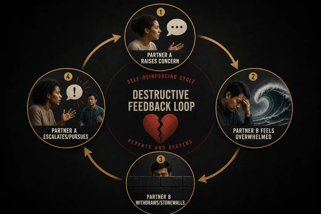 Stonewalling in a relationship — the pursue-withdraw cycle illustrated as a circular diagram showing how pursuer escalation triggers withdrawer shutdown which triggers more pursuit creating a destructive feedback loop
