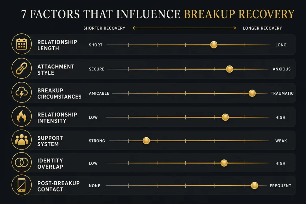How long does it take to get over a breakup — seven factors displayed as timeline modifiers showing relationship length attachment style who initiated support system breakup circumstances identity overlap and processing style with arrows indicating whether each factor shortens or extends recovery