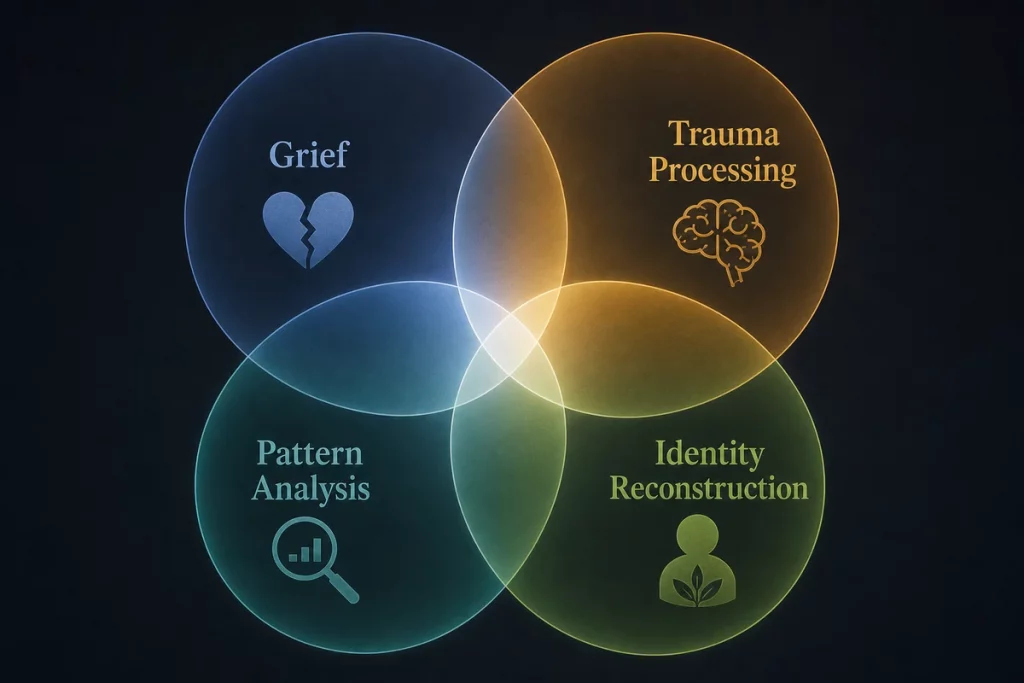 How to get over a bad breakup — four processing layers showing grief processing trust rebuilding identity reconstruction and narrative integration as overlapping recovery dimensions each with specific therapeutic approaches