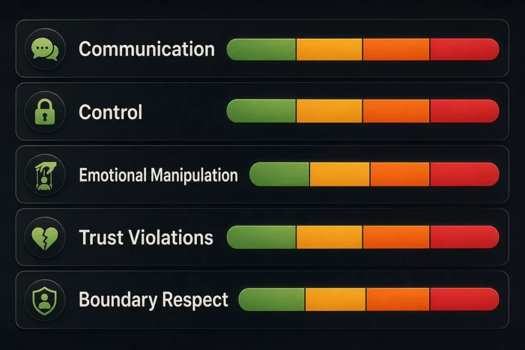 Red flag quiz scoring guide — five category meters showing communication control emotional manipulation trust violations and boundary respect with green yellow orange and red severity zones