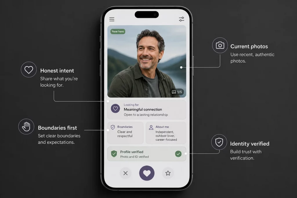 Dating after divorce tips — a smartphone showing dating app profiles with annotations highlighting what to look for and what to avoid in online dating profiles when re-entering the dating world post-divorce