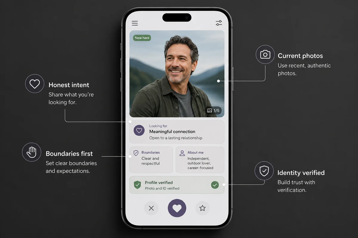 Dating after divorce tips — a smartphone showing dating app profiles with annotations highlighting what to look for and what to avoid in online dating profiles when re-entering the dating world post-divorce