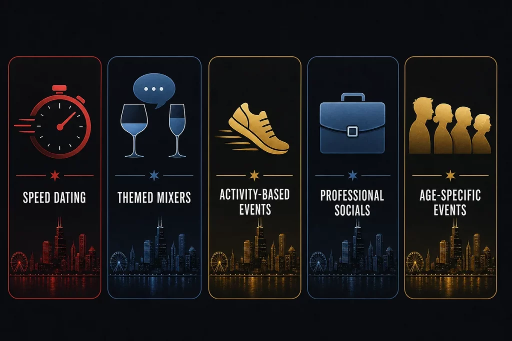 Singles mixer Chicago — five event format cards showing speed dating, themed mixers, activity-based events, professional networking mixers, and age-specific events with icons representing each format