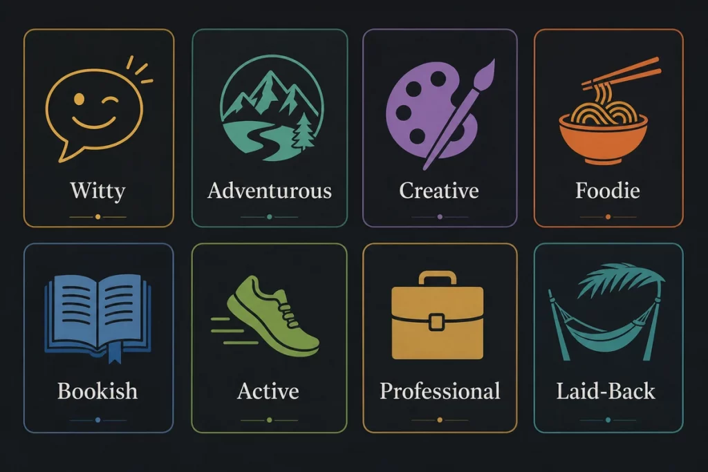 Date bio ideas — eight personality type cards showing the witty type the outdoorsy type the foodie the professional the creative the homebody the adventurer and the honest direct type each with a sample bio structure